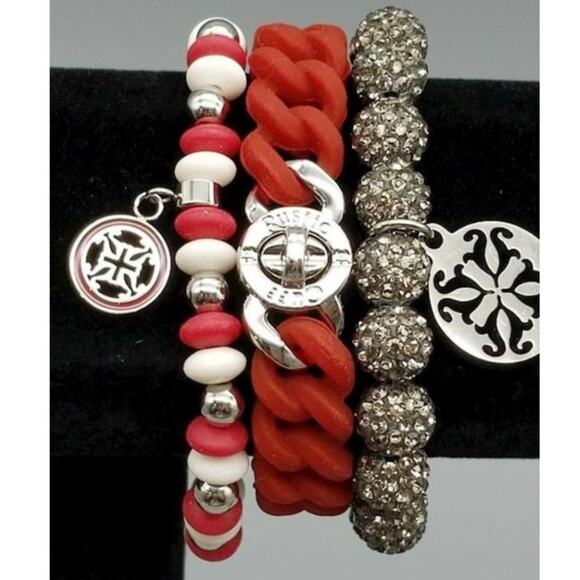 Rustic Cuff Red, White , & Silver Beads Stretch Bracelet Stackable logo charm - Picture 2 of 12